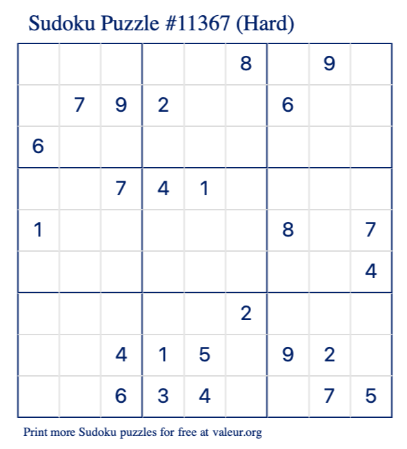 Free Printable Hard Sudoku Puzzle number 11367