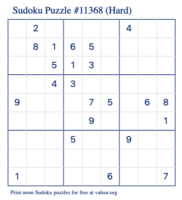Free Printable Hard Sudoku Puzzle number 11368