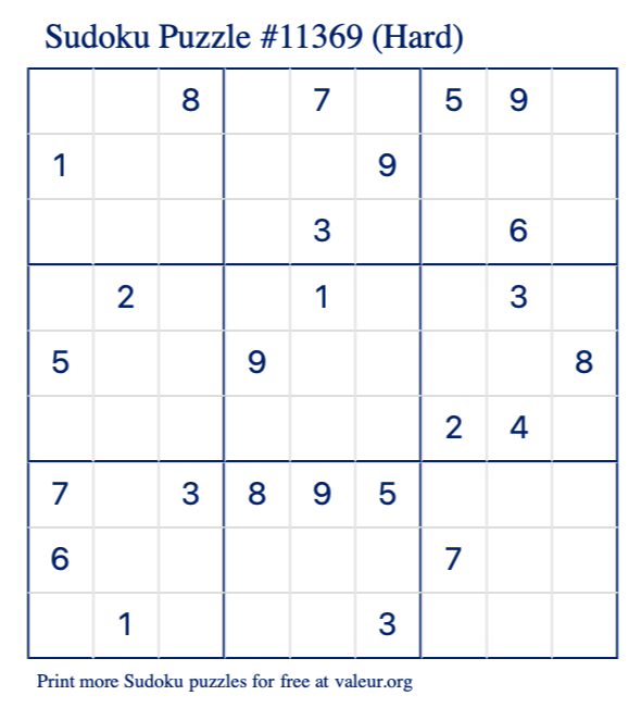 Free Printable Hard Sudoku Puzzle number 11369
