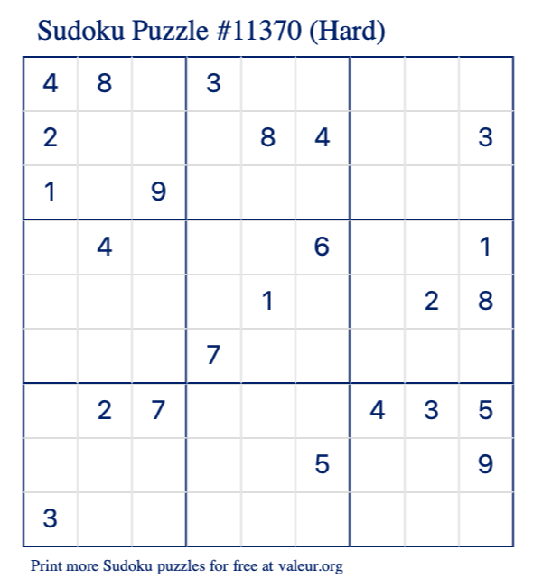 Free Printable Hard Sudoku Puzzle number 11370