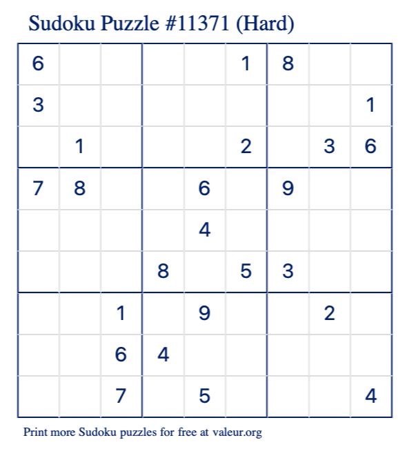 Free Printable Hard Sudoku Puzzle number 11371