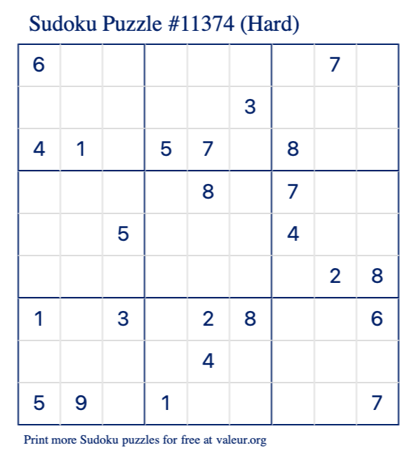 Free Printable Hard Sudoku Puzzle number 11374