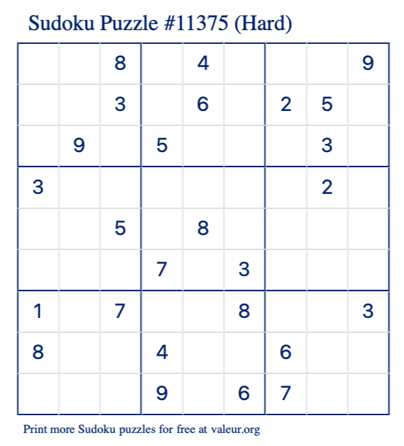 Free Printable Hard Sudoku Puzzle number 11375