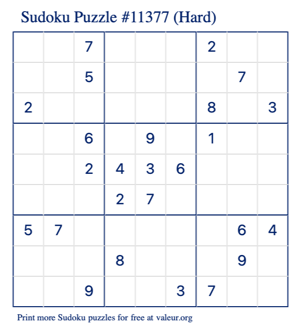 Free Printable Hard Sudoku Puzzle number 11377