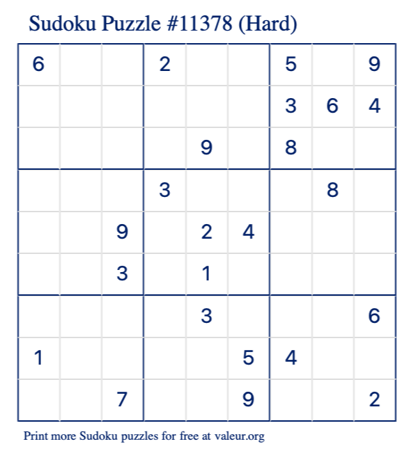 Free Printable Hard Sudoku Puzzle number 11378