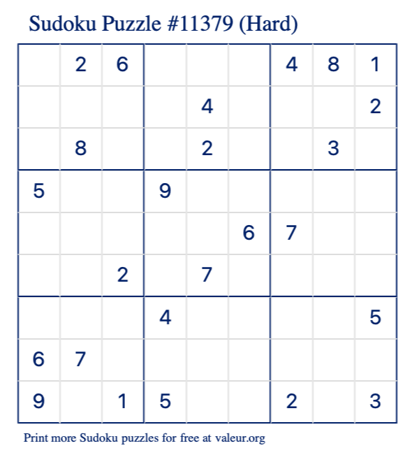 Free Printable Hard Sudoku Puzzle number 11379