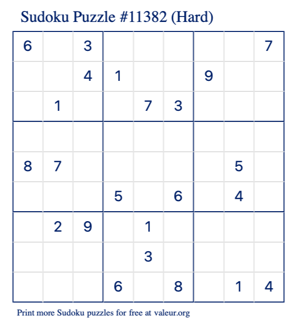 Free Printable Hard Sudoku Puzzle number 11382