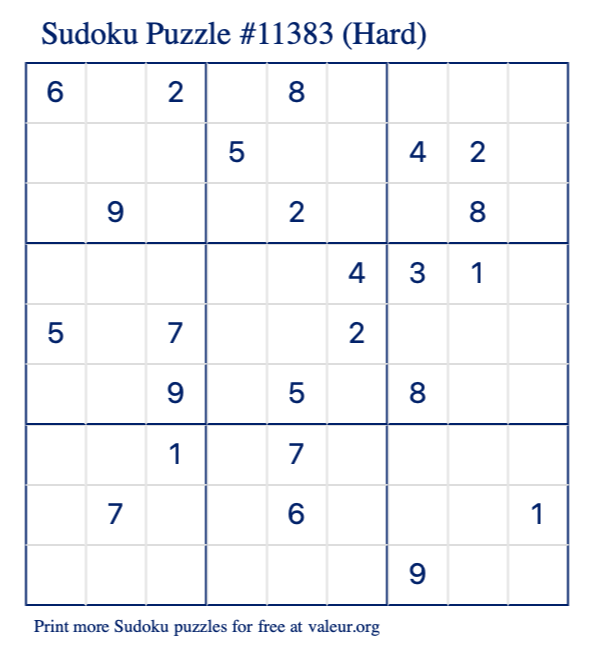 Free Printable Hard Sudoku Puzzle number 11383