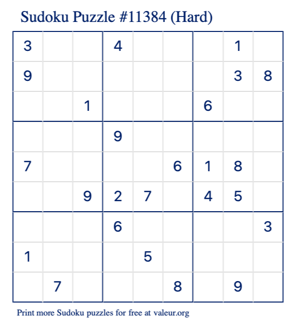 Free Printable Hard Sudoku Puzzle number 11384