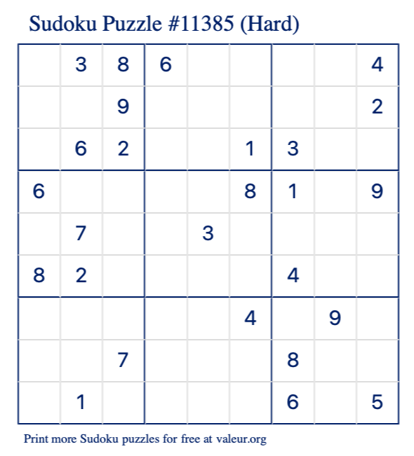 Free Printable Hard Sudoku Puzzle number 11385