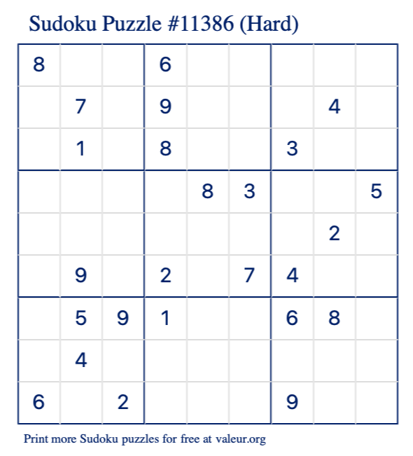 Free Printable Hard Sudoku Puzzle number 11386