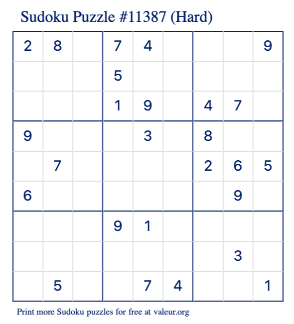 Free Printable Hard Sudoku Puzzle number 11387