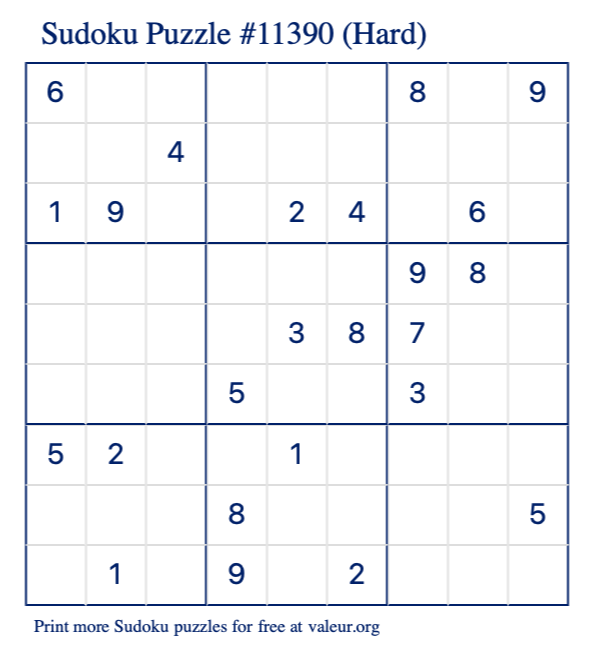 Free Printable Hard Sudoku Puzzle number 11390