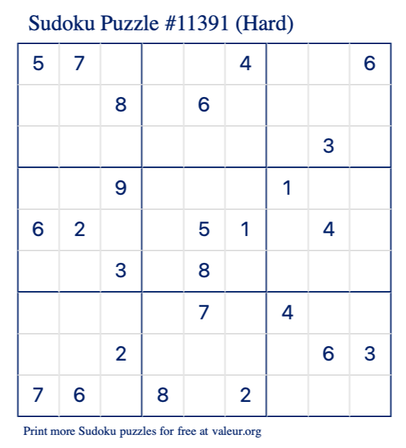 Free Printable Hard Sudoku Puzzle number 11391