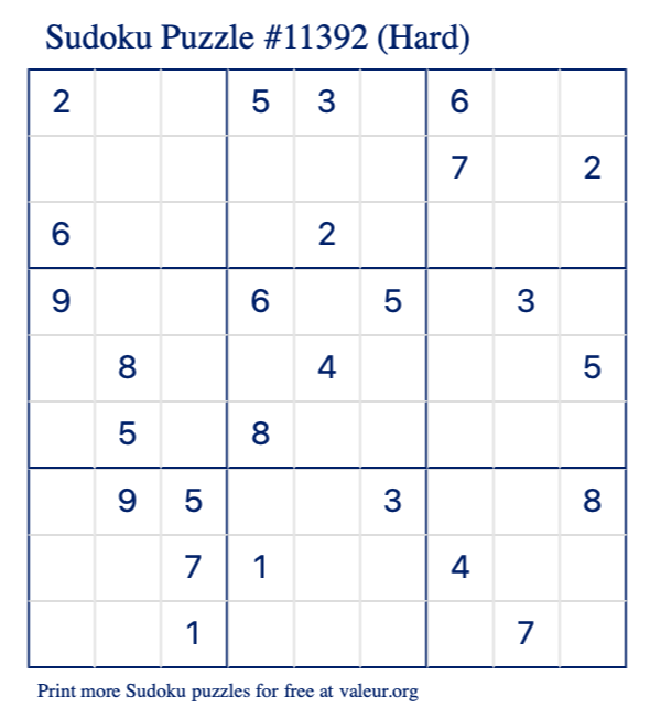 Free Printable Hard Sudoku Puzzle number 11392