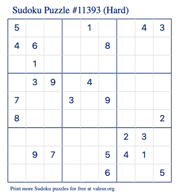 Free Printable Hard Sudoku Puzzle number 11393