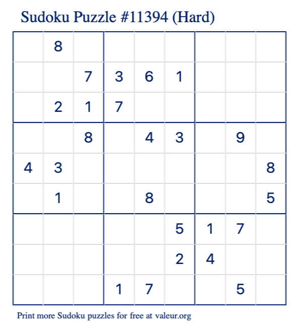 Free Printable Hard Sudoku Puzzle number 11394