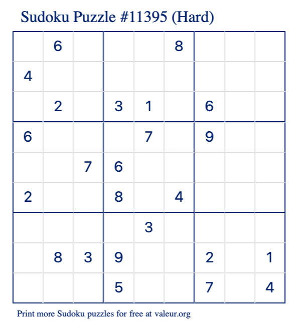 Free Printable Hard Sudoku Puzzle number 11395