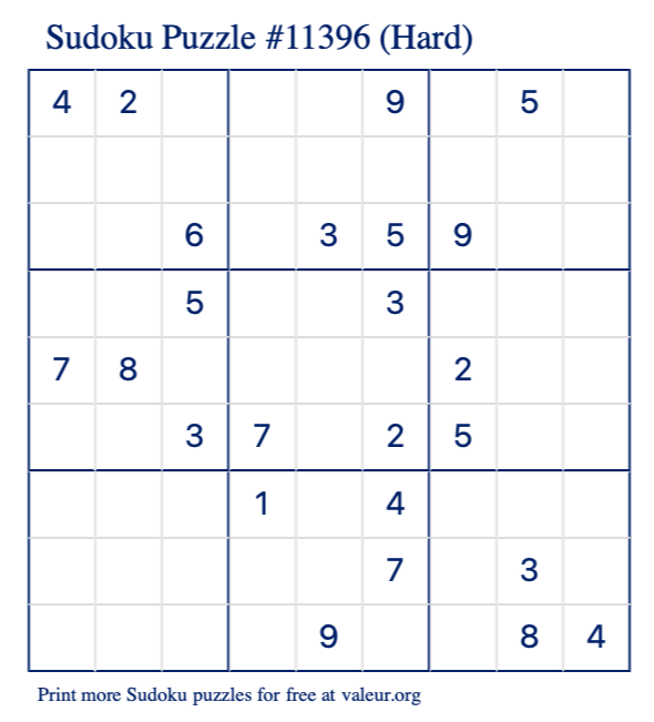 Free Printable Hard Sudoku Puzzle number 11396