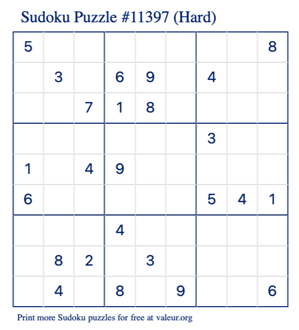 Free Printable Hard Sudoku Puzzle number 11397