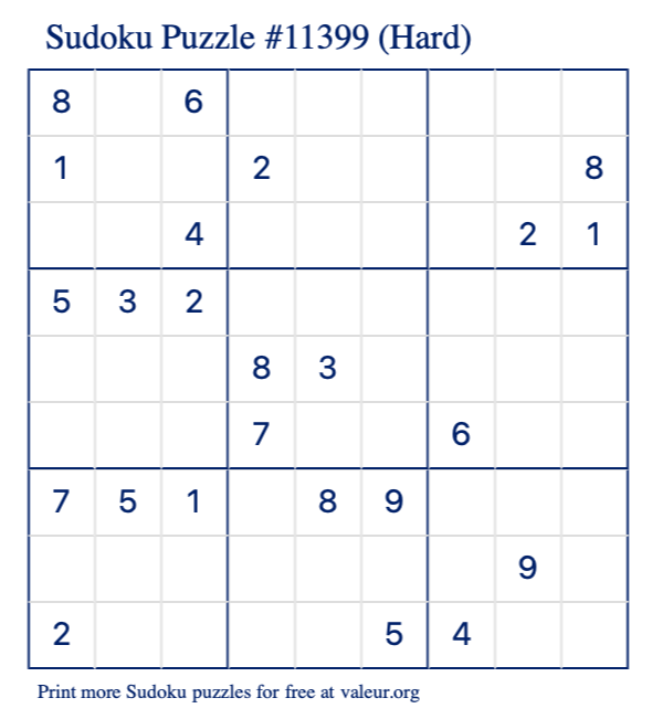 Free Printable Hard Sudoku Puzzle number 11399