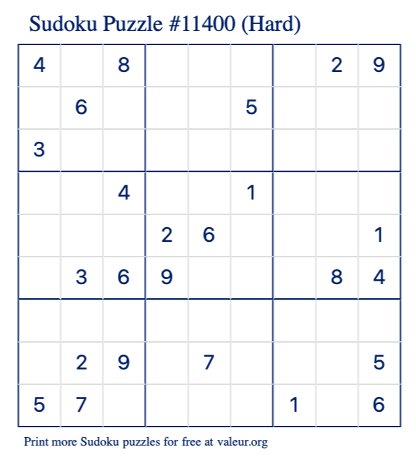 Free Printable Hard Sudoku Puzzle number 11400