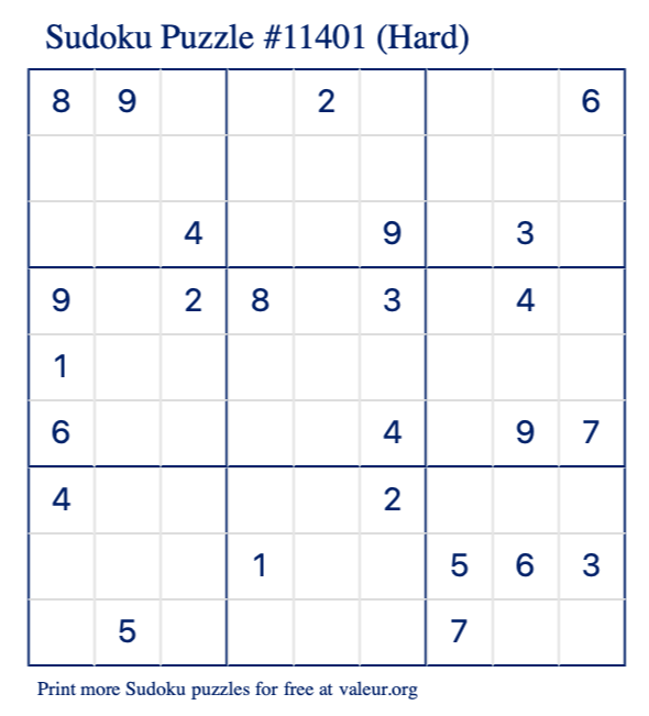 Free Printable Hard Sudoku Puzzle number 11401