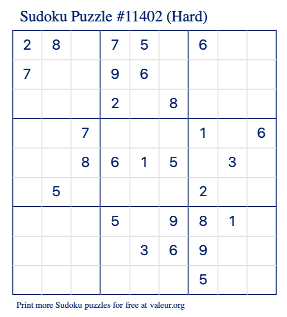 Free Printable Hard Sudoku Puzzle number 11402