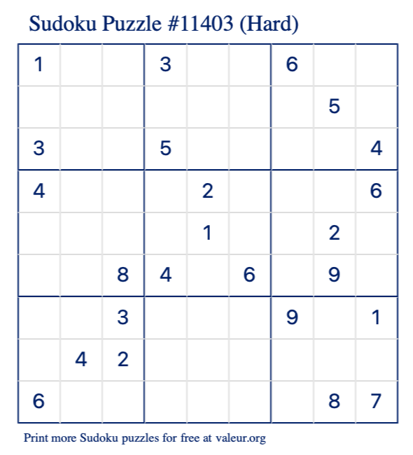 Free Printable Hard Sudoku Puzzle number 11403