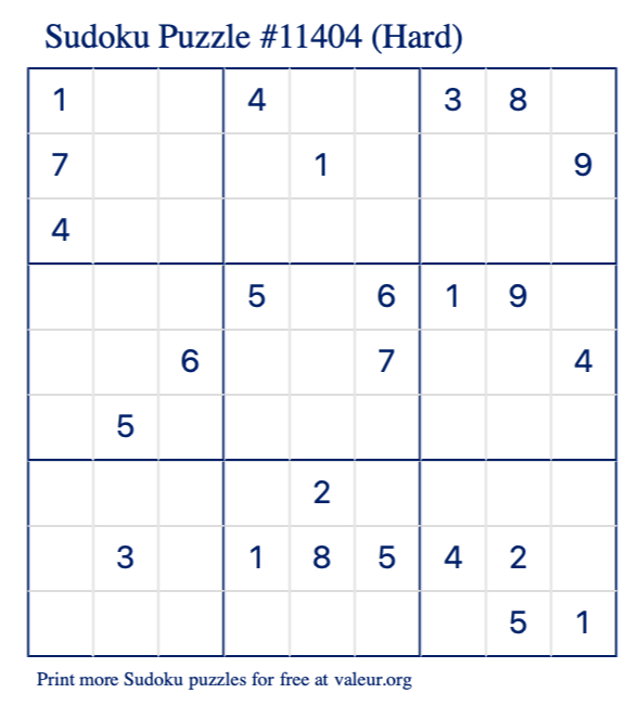 Free Printable Hard Sudoku Puzzle number 11404