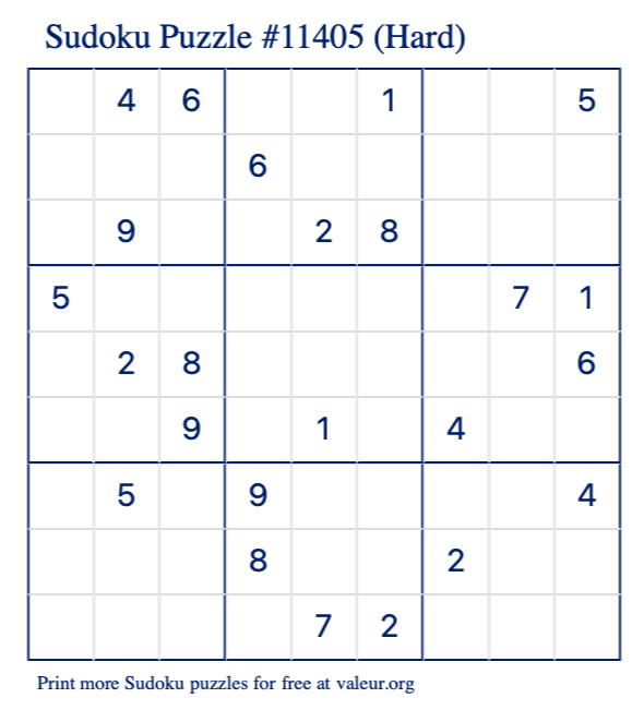 Free Printable Hard Sudoku Puzzle number 11405