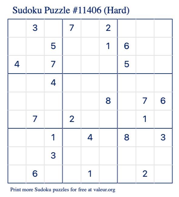 Free Printable Hard Sudoku Puzzle number 11406