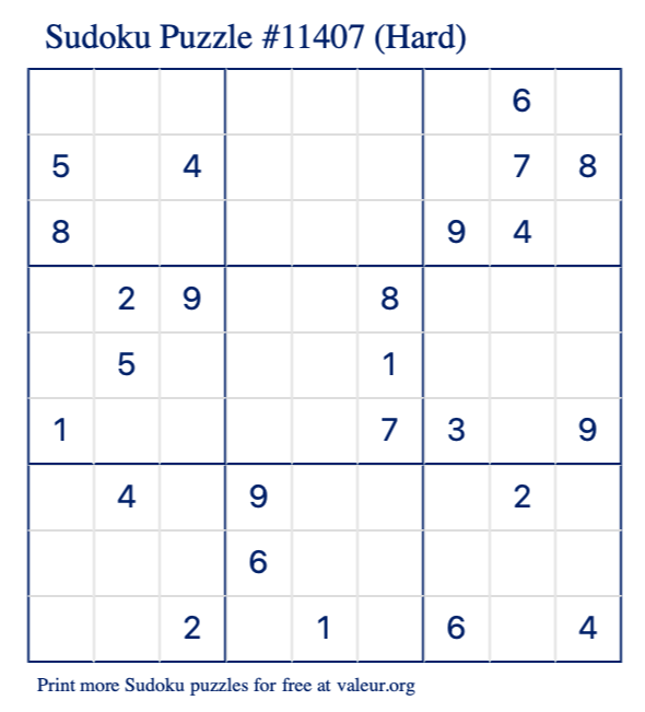 Free Printable Hard Sudoku Puzzle number 11407