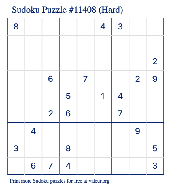Free Printable Hard Sudoku Puzzle number 11408