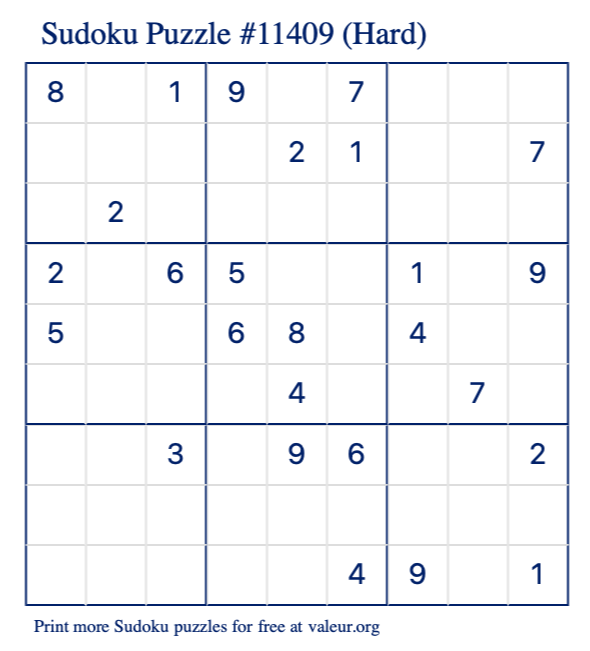 Free Printable Hard Sudoku Puzzle number 11409