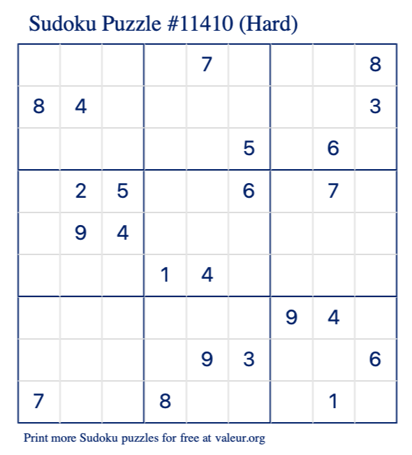 Free Printable Hard Sudoku Puzzle number 11410