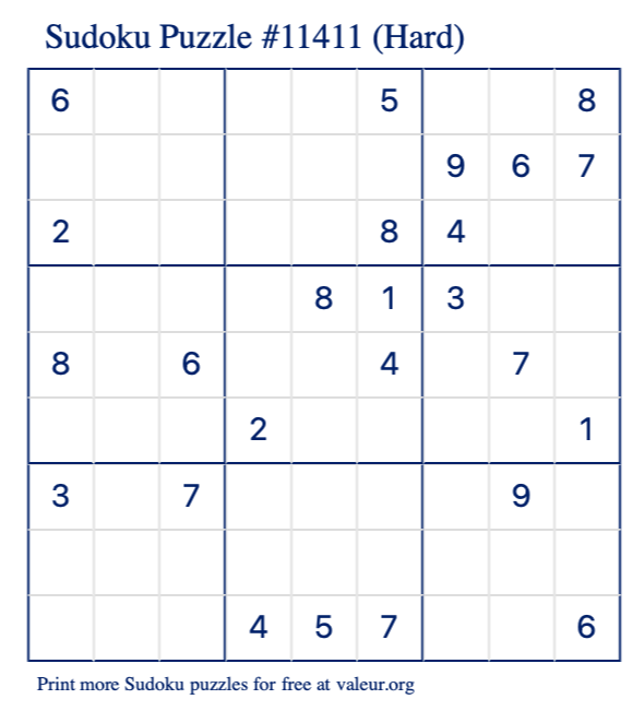 Free Printable Hard Sudoku Puzzle number 11411