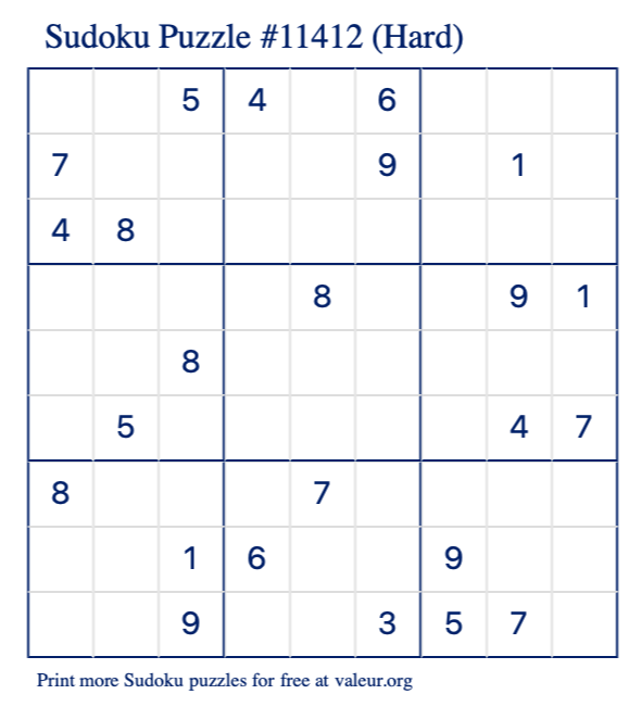 Free Printable Hard Sudoku Puzzle number 11412