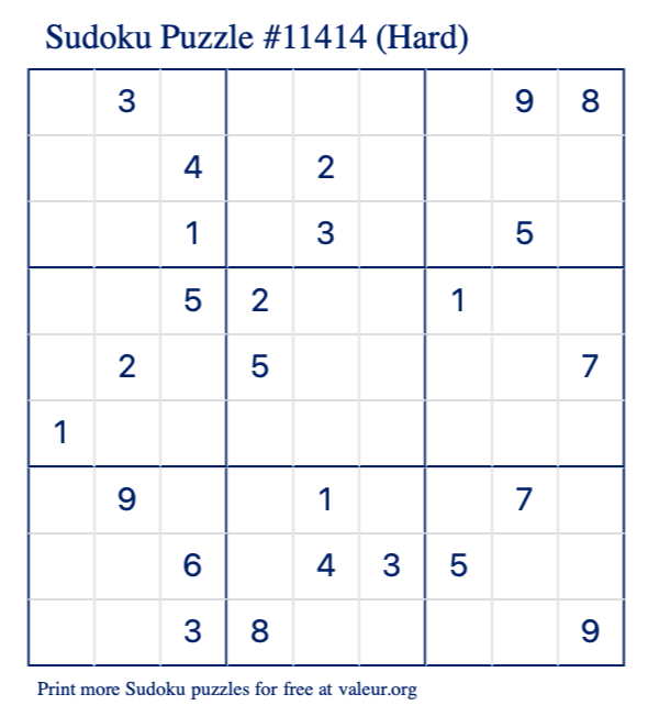 Free Printable Hard Sudoku Puzzle number 11414