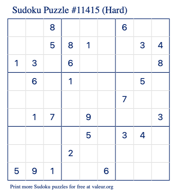 Free Printable Hard Sudoku Puzzle number 11415