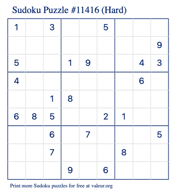 Free Printable Hard Sudoku Puzzle number 11416