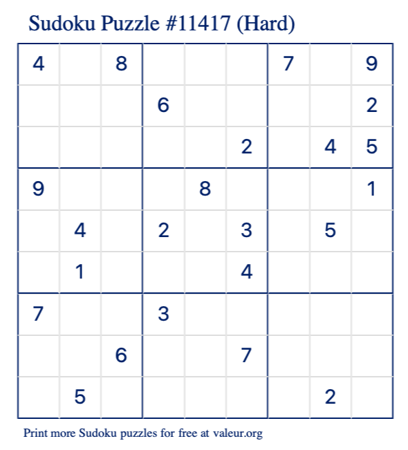 Free Printable Hard Sudoku Puzzle number 11417