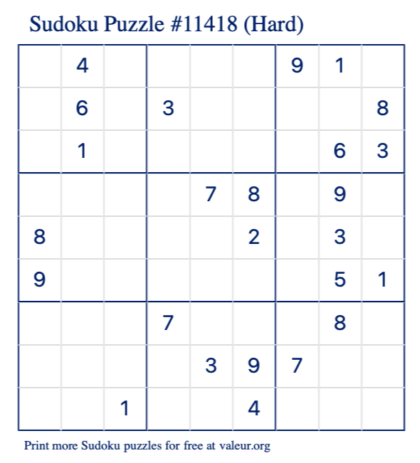 Free Printable Hard Sudoku Puzzle number 11418