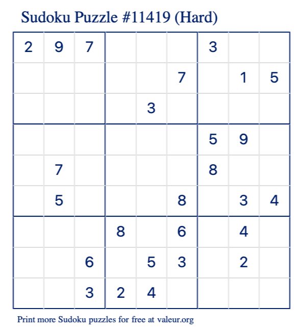 Free Printable Hard Sudoku Puzzle number 11419