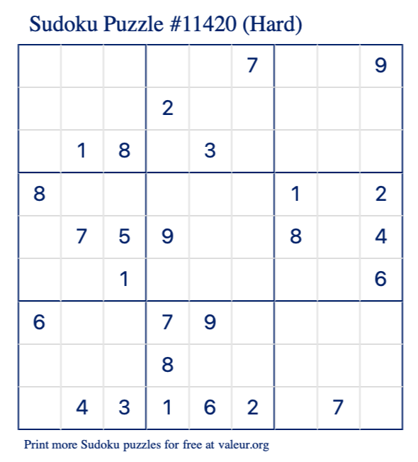 Free Printable Hard Sudoku Puzzle number 11420
