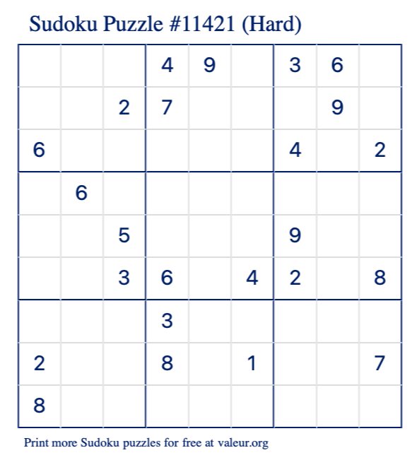 Free Printable Hard Sudoku Puzzle number 11421