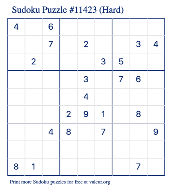Free Printable Hard Sudoku Puzzle number 11423