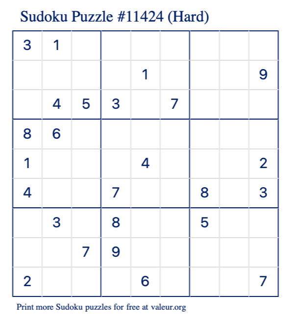 Free Printable Hard Sudoku Puzzle number 11424