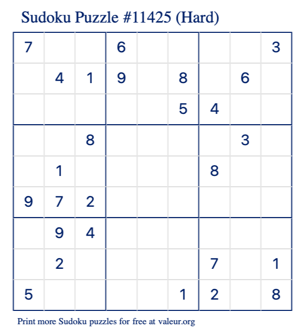 Free Printable Hard Sudoku Puzzle number 11425