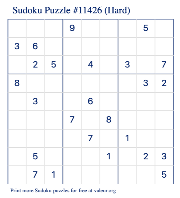 Free Printable Hard Sudoku Puzzle number 11426
